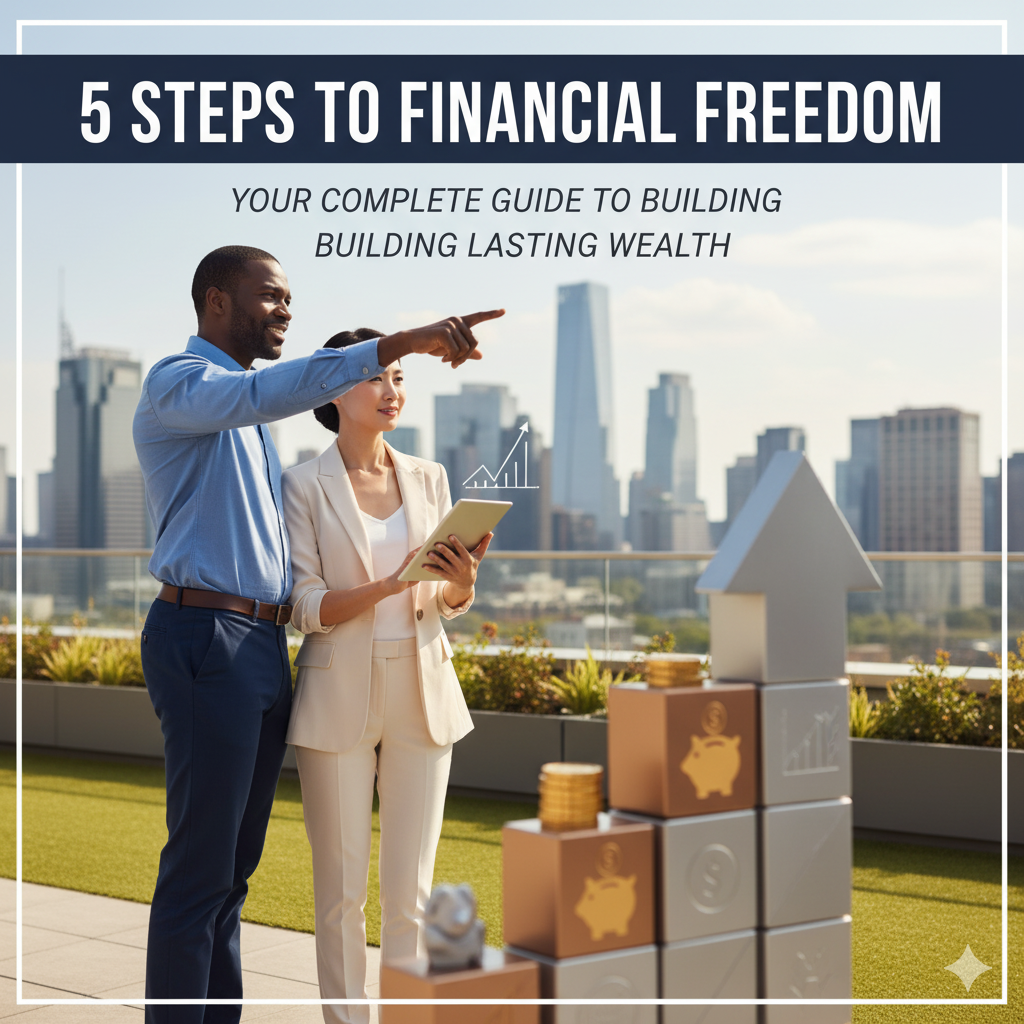 "Financial freedom roadmap showing five steps: goals, budgeting, saving, investing, and income growth"